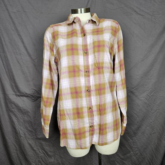 Flannel Shirt-SO Brand Tan and Pink Plaid Button Up Shirt Size M - Picture 1 of 7